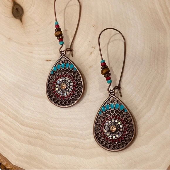 Earrings BOHO QUIRKY LOOP Gypsy hippie antique tear drop hollowed out EARRINGS - Picture 7 of 12